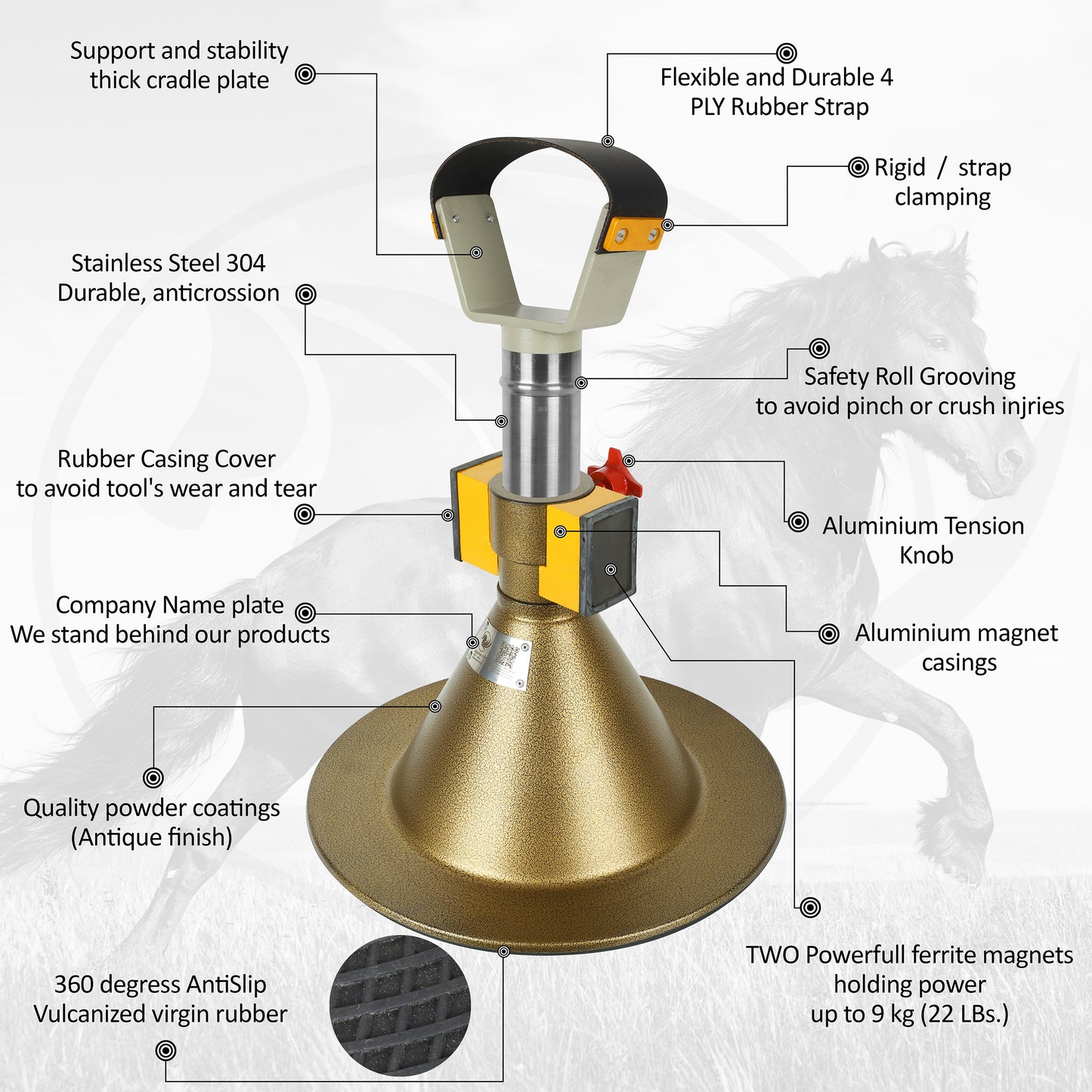 Farrier Hoof Stand.German Technology for Farriers Shoeing Stand, Trimming Hoof Stand for All Horse Sizes Strong 90 lb Magnet, Non-Slip Rubber Base (Gold)