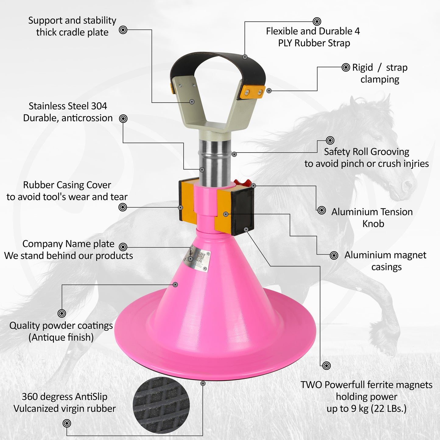 Farrier Hoof Stand.German Technology for Farriers Shoeing Stand, Trimming Hoof Stand for All Horse Sizes Strong 90 lb Magnet, Non-Slip Rubber Base (Pink)