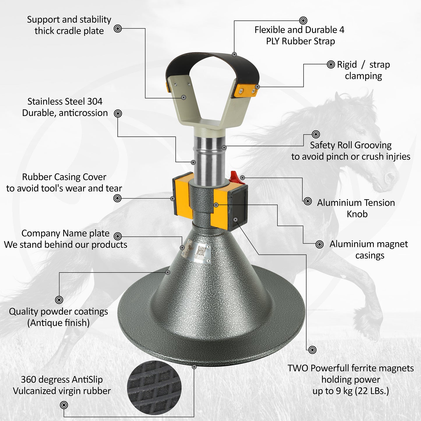 Farrier Hoof Stand.German Technology for Farriers Shoeing Stand, Trimming Hoof Stand for All Horse Sizes Strong 90 lb Magnet, Non-Slip Rubber Base (Black)