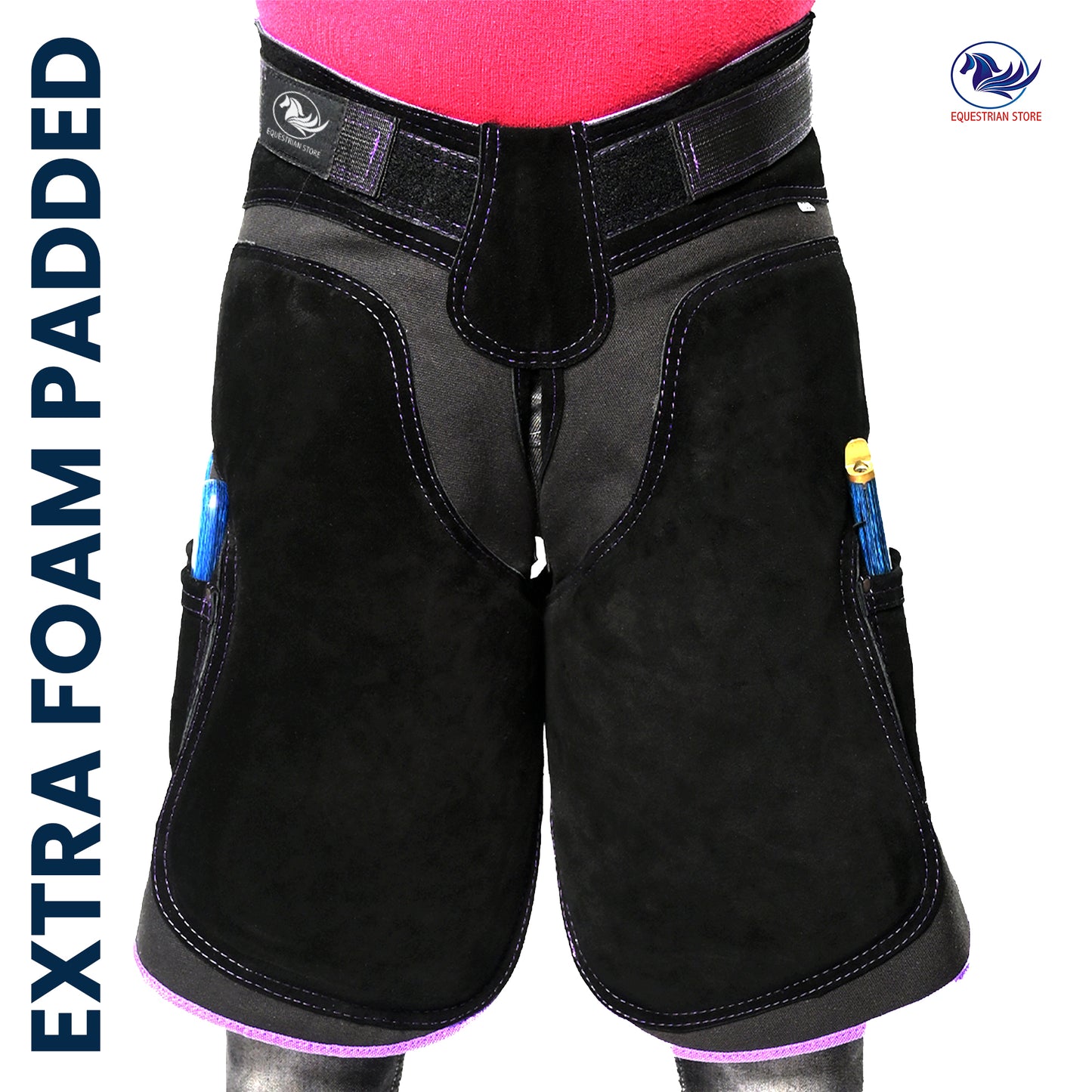 Premium Leather Farrier Apron with Heavy-Duty Canvas, Adjustable Ambidextrous Tool Pockets, EVO Foam Padding, Breathable Air-Mesh – Professional Farrier Chaps for Horseshoeing, Hoof Trimming. 65cm-(25 Inches) Purple Piping