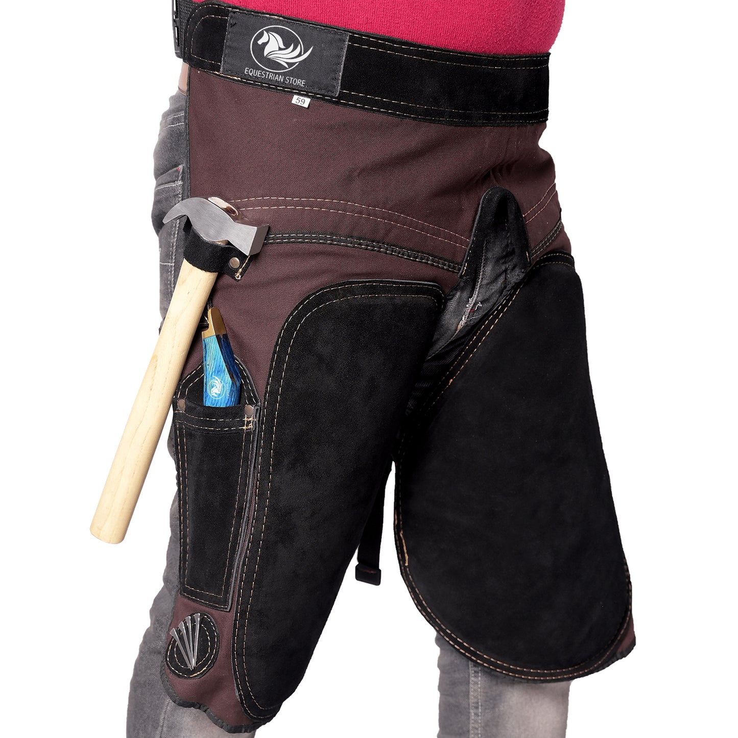 Premium Leather Farrier Apron with Heavy-Duty Canvas, Adjustable Ambidextrous Tool Pockets, EVO Foam Padding, Breathable Air-Mesh – Professional Farrier Chaps for Horseshoeing, Hoof Trimming. 59cm-23 Inches