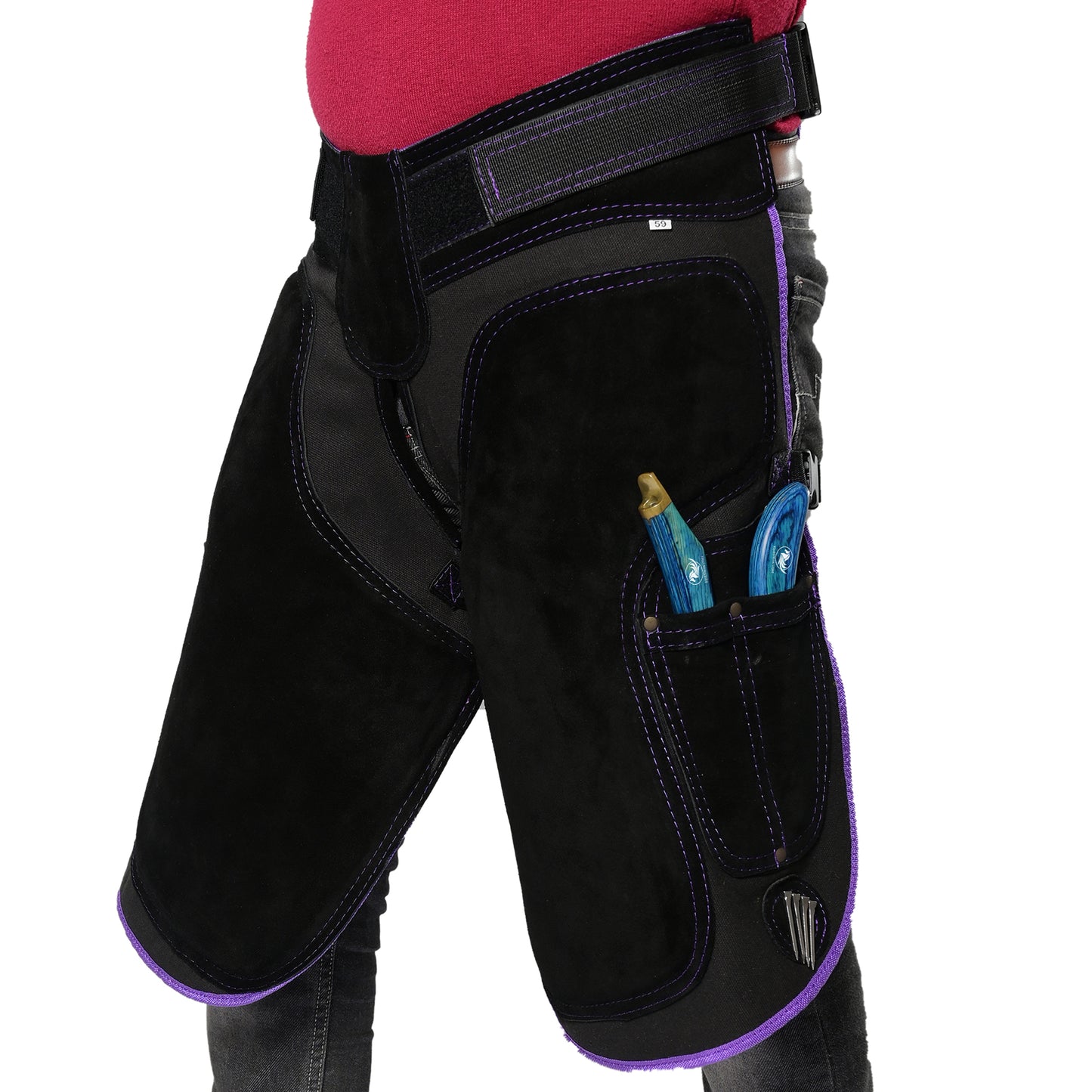 Premium Leather Farrier Apron with Heavy-Duty Canvas, Adjustable Ambidextrous Tool Pockets, EVO Foam Padding, Breathable Air-Mesh – Professional Farrier Chaps for Horseshoeing, Hoof Trimming. 65cm-(25 Inches) Purple Piping