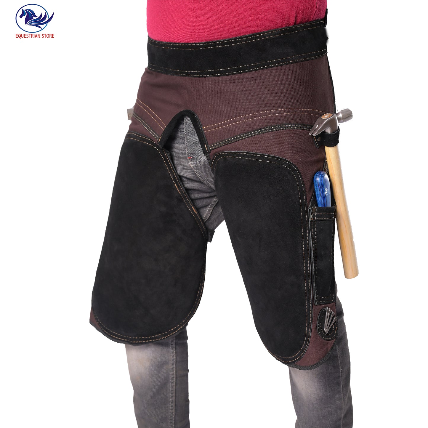 Premium Leather Farrier Apron with Heavy-Duty Canvas, Adjustable Ambidextrous Tool Pockets, EVO Foam Padding, Breathable Air-Mesh – Professional Farrier Chaps for Horseshoeing, Hoof Trimming. 59cm-23 Inches