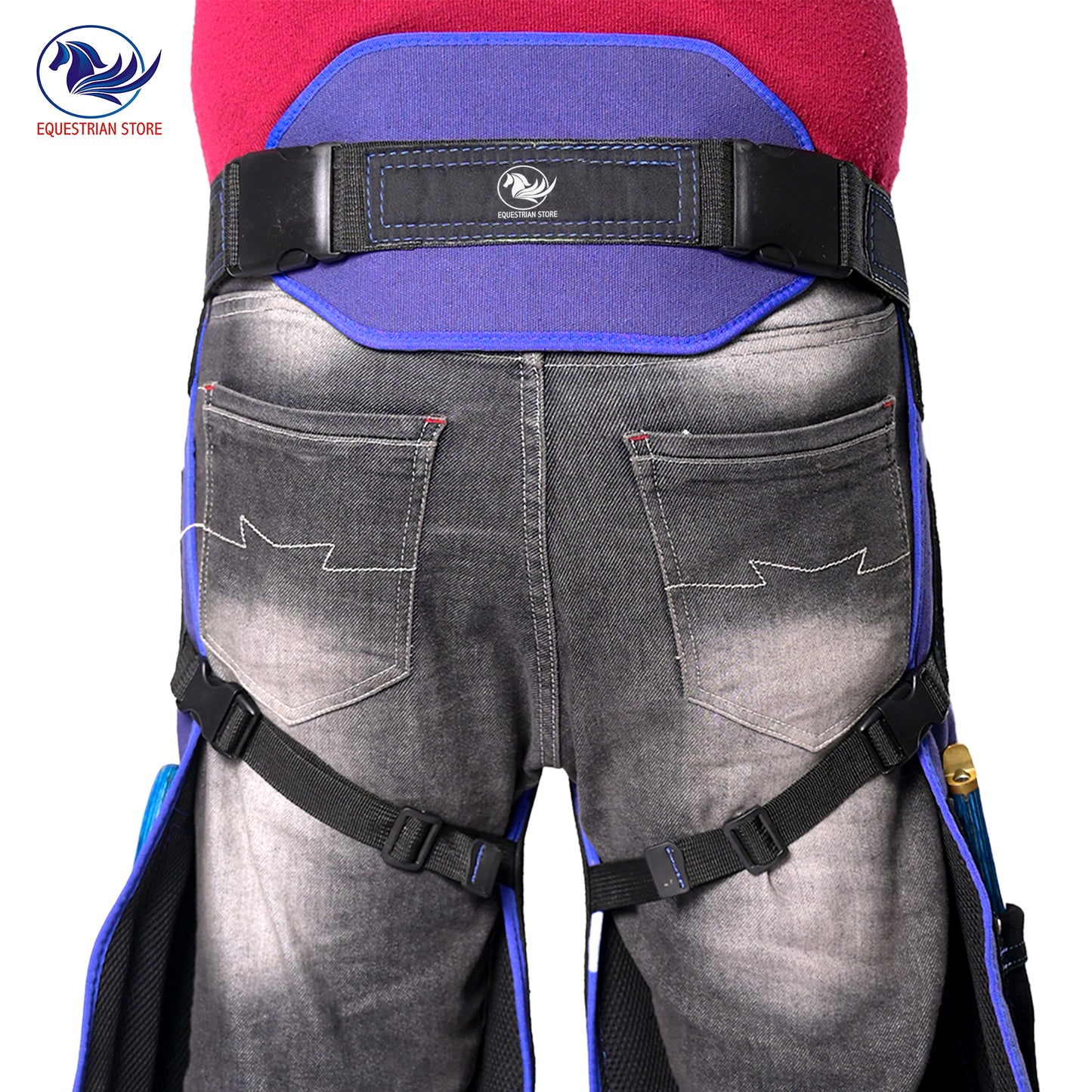 Premium Leather Farrier Apron with Heavy-Duty Canvas, Adjustable Ambidextrous Tool Pockets, EVO Foam Padding, Breathable Air-Mesh – Professional Farrier Chaps for Horseshoeing, Hoof Trimming. 70cm-(27 Inches) Blue Color