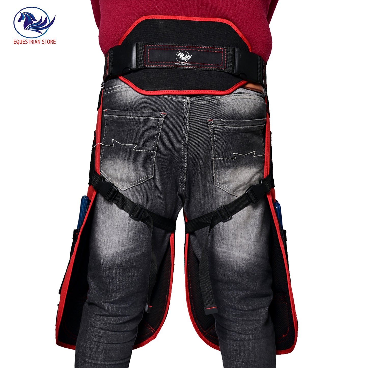 Premium Leather Farrier Apron with Heavy-Duty Canvas, Adjustable Ambidextrous Tool Pockets, EVO Foam Padding, Breathable Air-Mesh – Professional Farrier Chaps for Horseshoeing, Hoof Trimming. 65cm-(25 Inches) Red Color