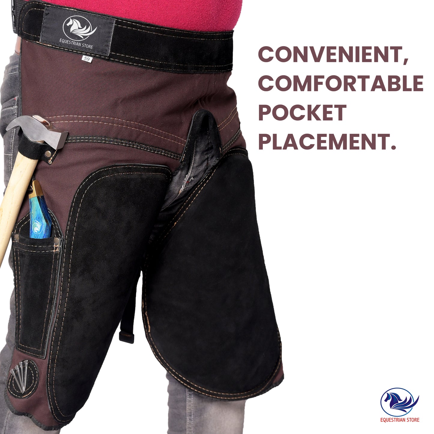 Premium Leather Farrier Apron with Heavy-Duty Canvas, Adjustable Ambidextrous Tool Pockets, EVO Foam Padding, Breathable Air-Mesh – Professional Farrier Chaps for Horseshoeing, Hoof Trimming. 59cm-23 Inches