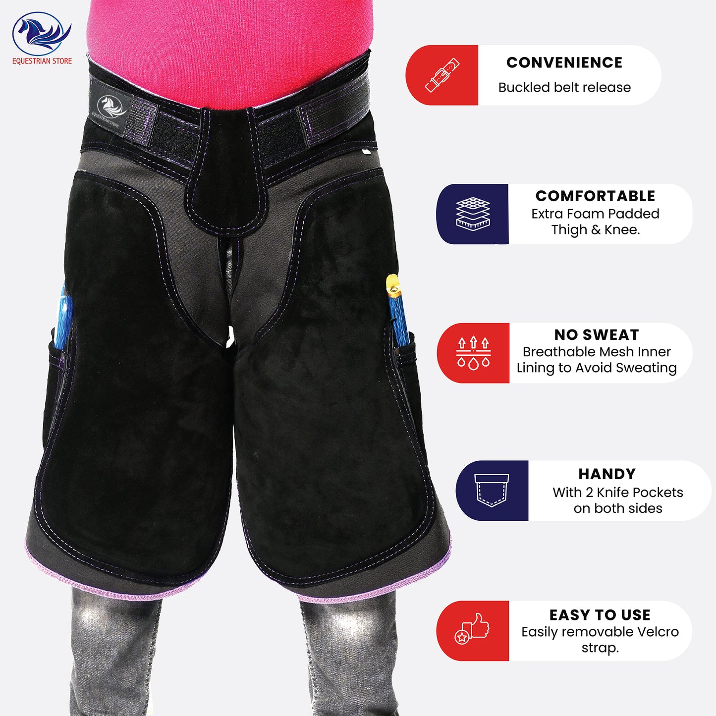 Premium Leather Farrier Apron with Heavy-Duty Canvas, Adjustable Ambidextrous Tool Pockets, EVO Foam Padding, Breathable Air-Mesh – Professional Farrier Chaps for Horseshoeing, Hoof Trimming. 65cm-(25 Inches) Purple Piping