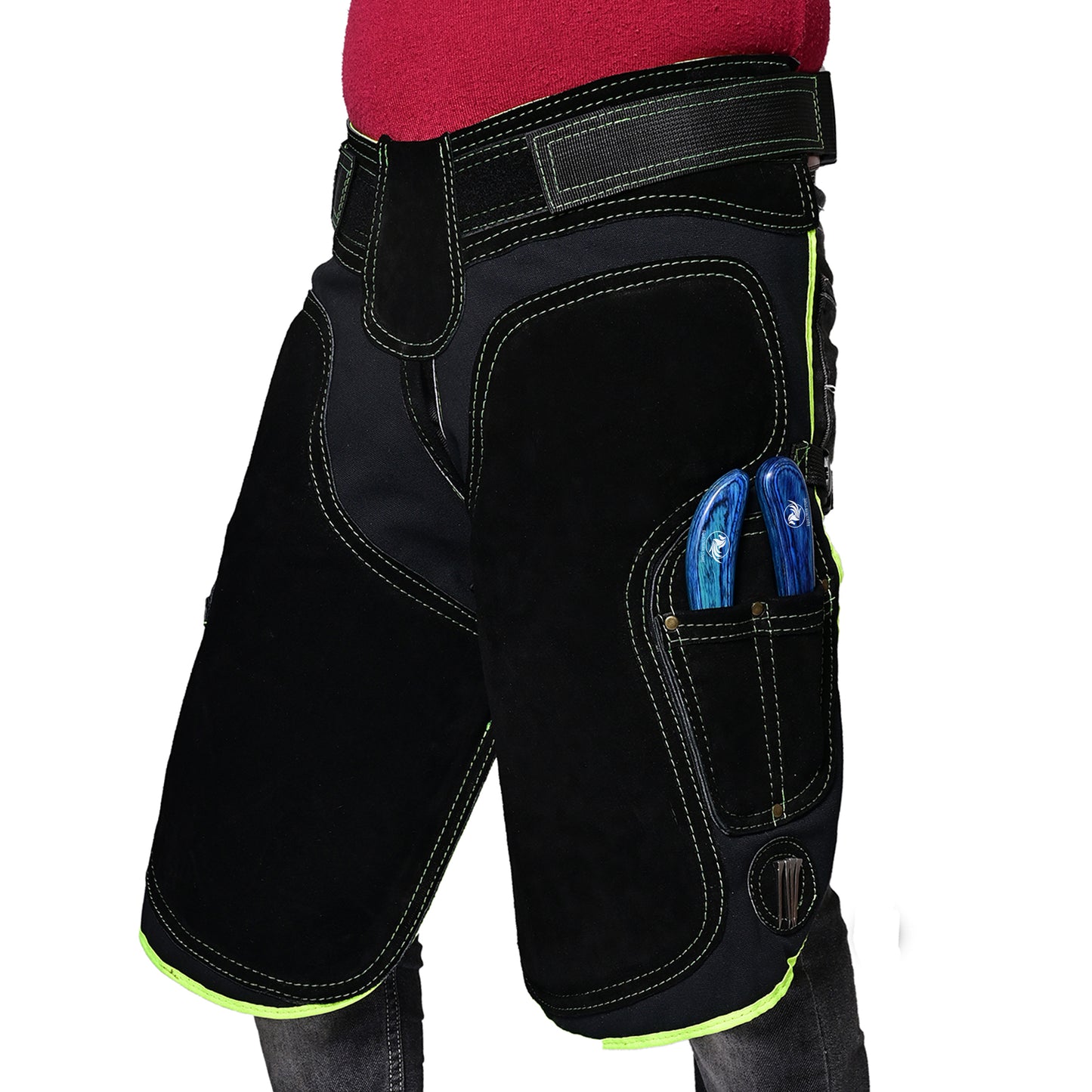 Premium Leather Farrier Apron with Heavy-Duty Canvas, Adjustable Ambidextrous Tool Pockets, EVO Foam Padding, Breathable Air-Mesh – Professional Farrier Chaps for Horseshoeing, Hoof Trimming. 59cm-(23 Inches) Green Piping