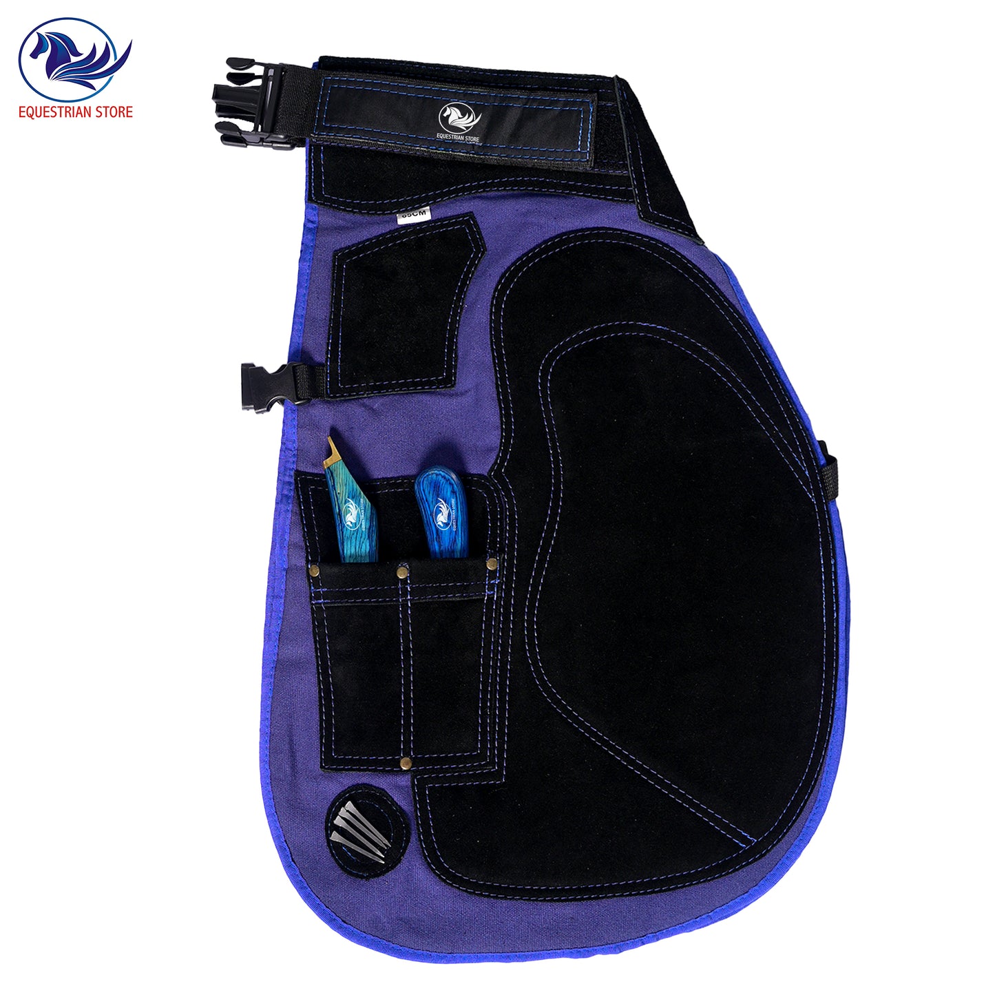 Premium Leather Farrier Apron with Heavy-Duty Canvas, Adjustable Ambidextrous Tool Pockets, EVO Foam Padding, Breathable Air-Mesh – Professional Farrier Chaps for Horseshoeing, Hoof Trimming. 70cm-(27 Inches) Blue Color