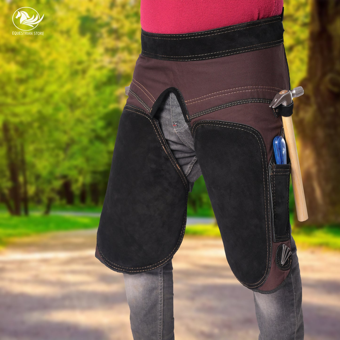 Premium Leather Farrier Apron with Heavy-Duty Canvas, Adjustable Ambidextrous Tool Pockets, EVO Foam Padding, Breathable Air-Mesh – Professional Farrier Chaps for Horseshoeing, Hoof Trimming. 59cm-23 Inches