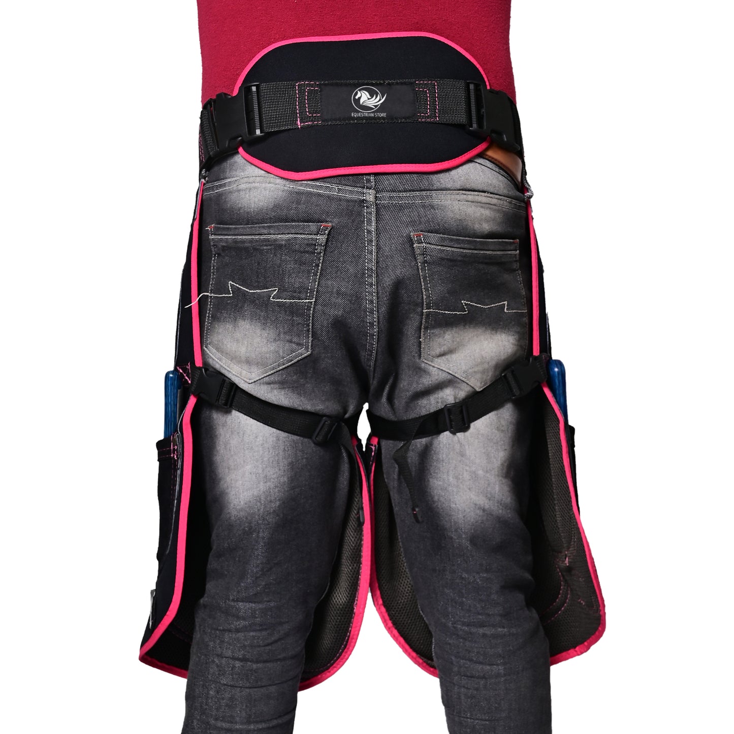 Premium Leather Farrier Apron with Heavy-Duty Canvas, Adjustable Ambidextrous Tool Pockets, EVO Foam Padding, Breathable Air-Mesh – Professional Farrier Chaps for Horseshoeing, Hoof Trimming. 59cm-(23 Inches) Pink Piping