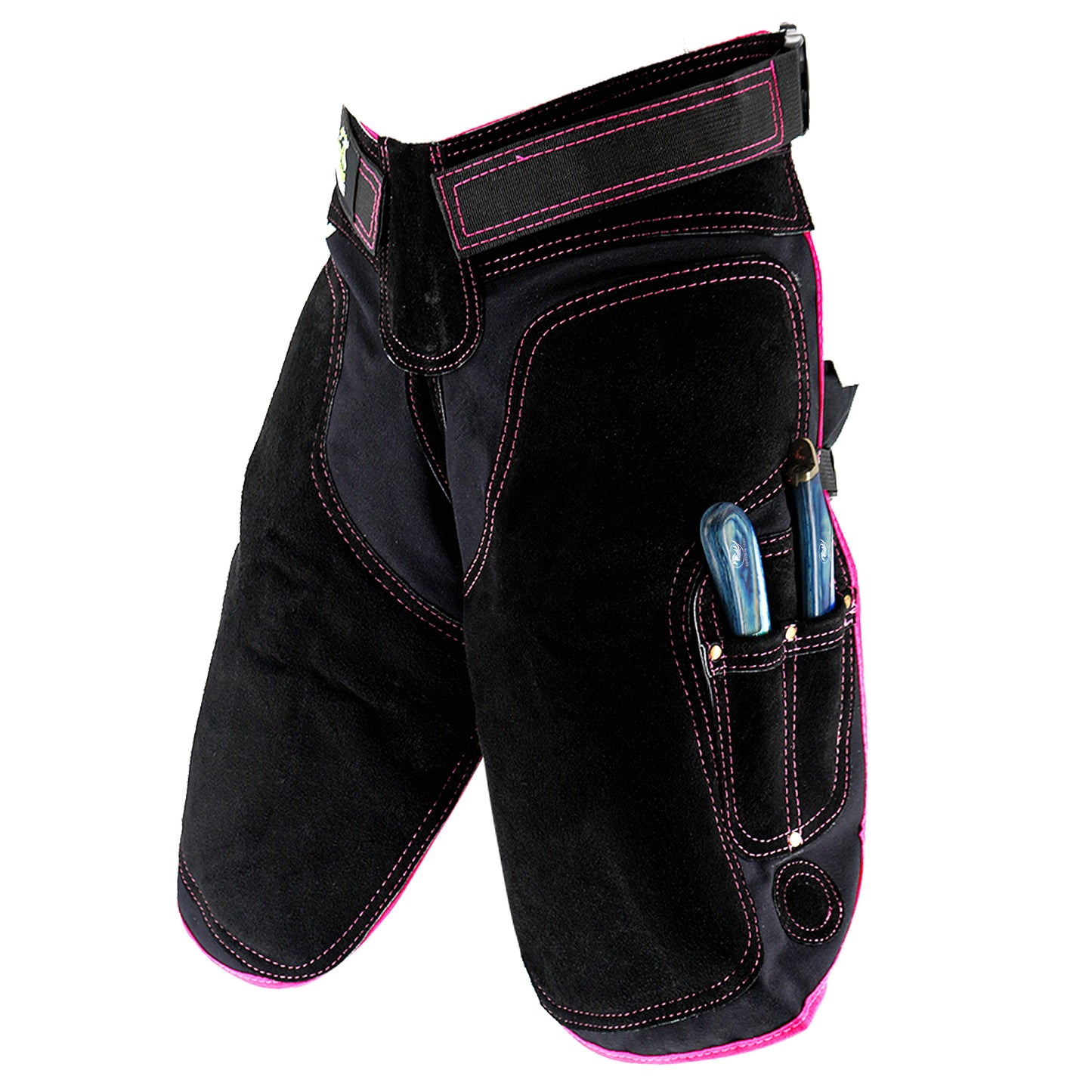 Premium Leather Farrier Apron with Heavy-Duty Canvas, Adjustable Ambidextrous Tool Pockets, EVO Foam Padding, Breathable Air-Mesh – Professional Farrier Chaps for Horseshoeing, Hoof Trimming. 59cm-(23 Inches) Pink Piping