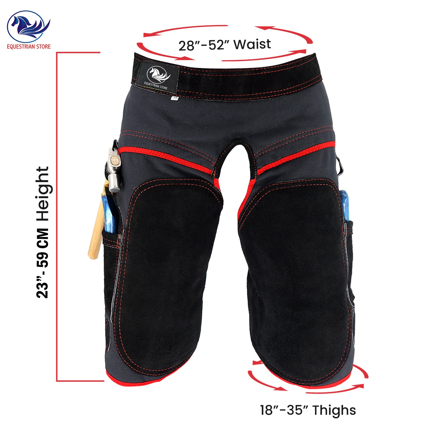 Premium Leather Farrier Apron with Heavy-Duty Canvas, Adjustable Ambidextrous Tool Pockets, EVO Foam Padding, Breathable Air-Mesh – Professional Farrier Chaps for Horseshoeing, Hoof Trimming. 59cm-23 Inches
