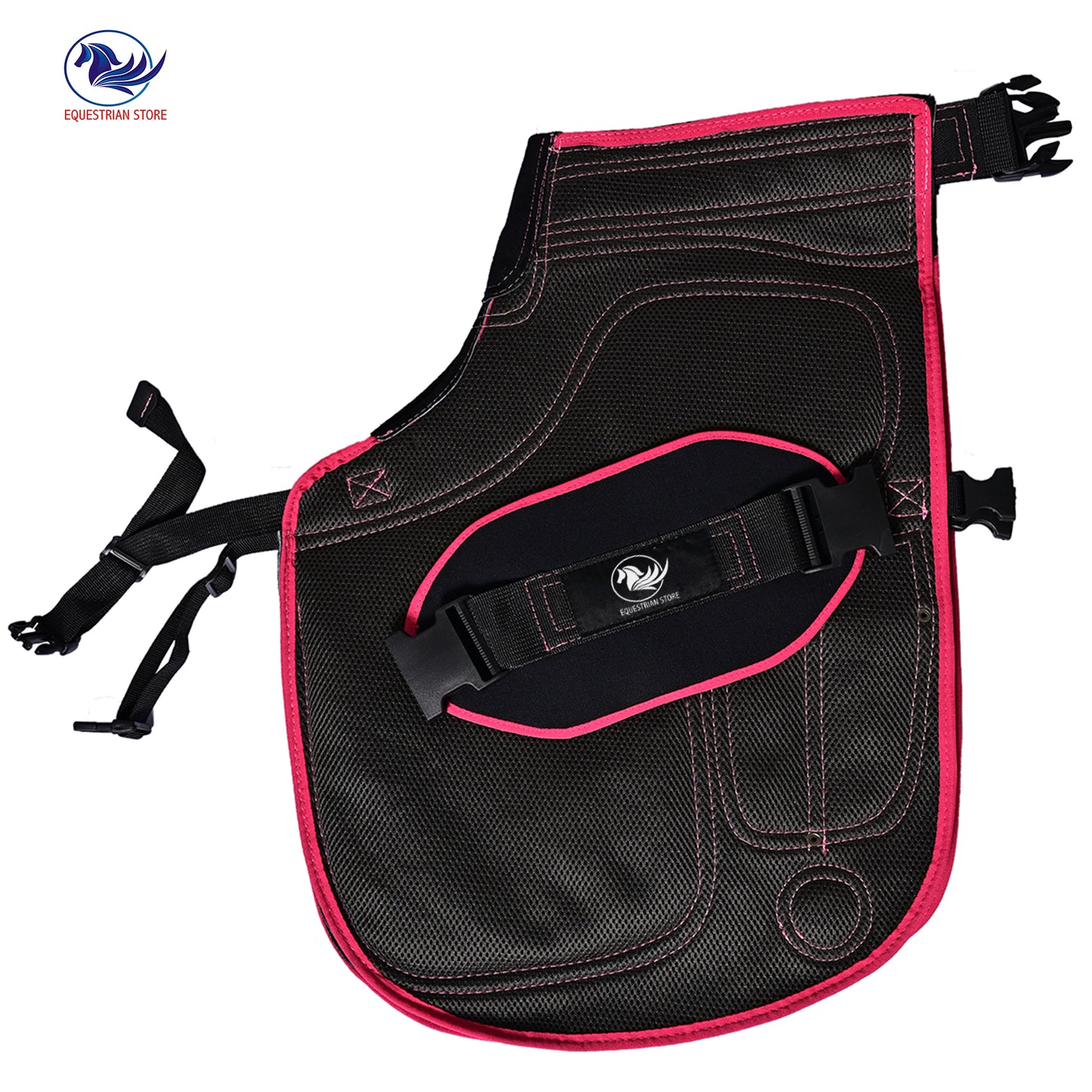 Premium Leather Farrier Apron with Heavy-Duty Canvas, Adjustable Ambidextrous Tool Pockets, EVO Foam Padding, Breathable Air-Mesh – Professional Farrier Chaps for Horseshoeing, Hoof Trimming. 59cm-(23 Inches) Pink Piping