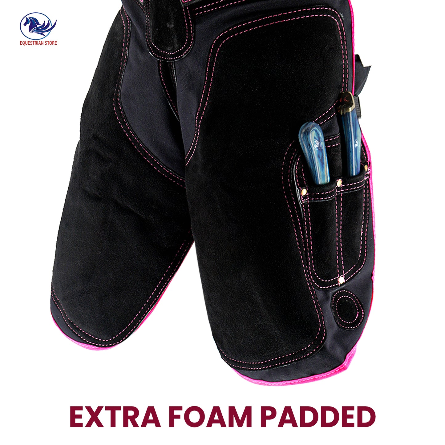 Premium Leather Farrier Apron with Heavy-Duty Canvas, Adjustable Ambidextrous Tool Pockets, EVO Foam Padding, Breathable Air-Mesh – Professional Farrier Chaps for Horseshoeing, Hoof Trimming. 59cm-(23 Inches) Pink Piping