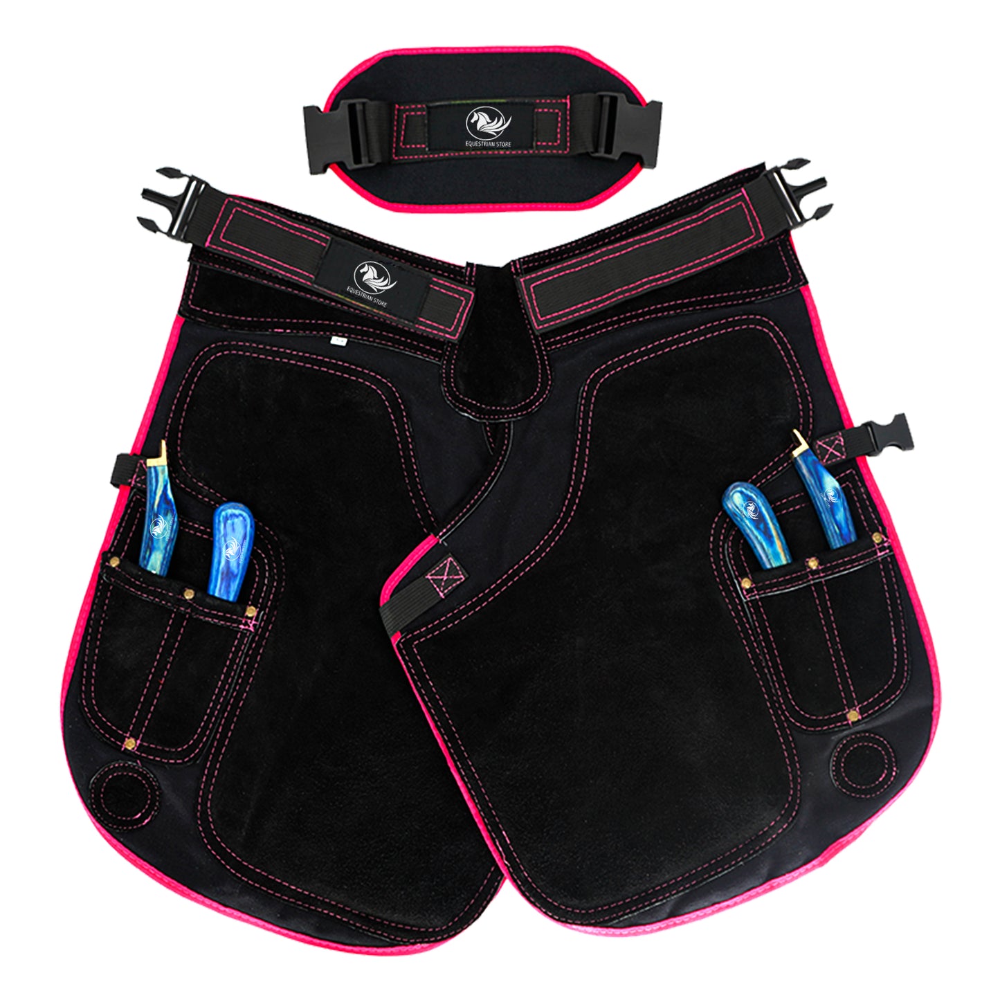 Premium Leather Farrier Apron with Heavy-Duty Canvas, Adjustable Ambidextrous Tool Pockets, EVO Foam Padding, Breathable Air-Mesh – Professional Farrier Chaps for Horseshoeing, Hoof Trimming. 59cm-(23 Inches) Pink Piping
