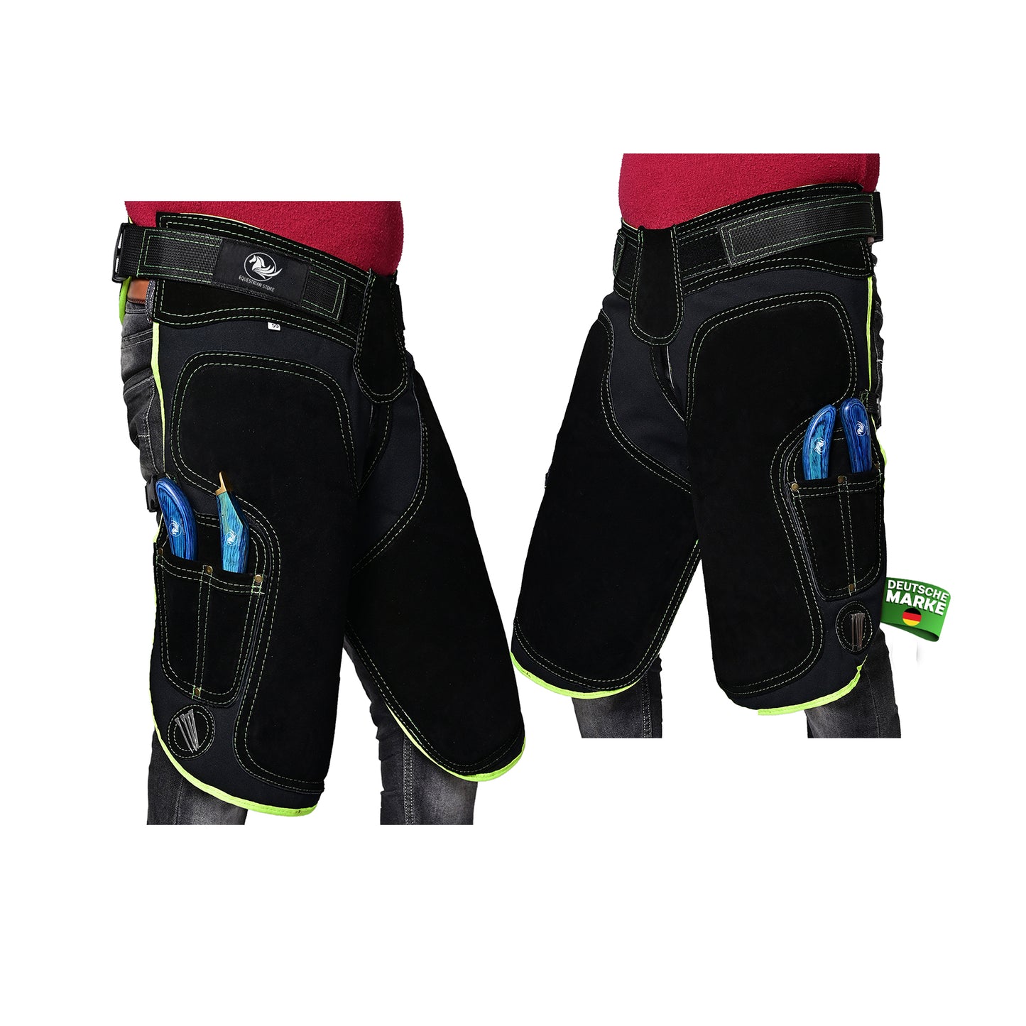 Premium Leather Farrier Apron with Heavy-Duty Canvas, Adjustable Ambidextrous Tool Pockets, EVO Foam Padding, Breathable Air-Mesh – Professional Farrier Chaps for Horseshoeing, Hoof Trimming. 59cm-(23 Inches) Green Piping