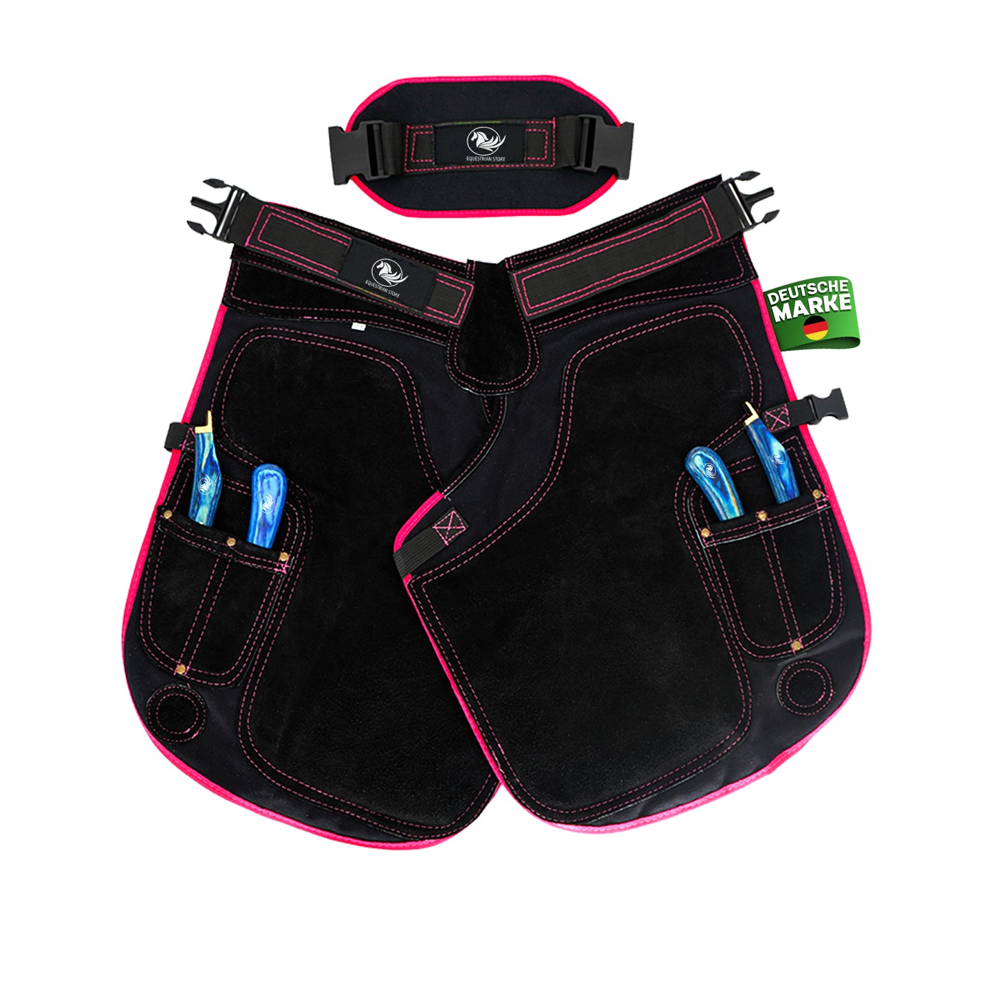 Premium Leather Farrier Apron with Heavy-Duty Canvas, Adjustable Ambidextrous Tool Pockets, EVO Foam Padding, Breathable Air-Mesh – Professional Farrier Chaps for Horseshoeing, Hoof Trimming. 59cm-(23 Inches) Pink Piping