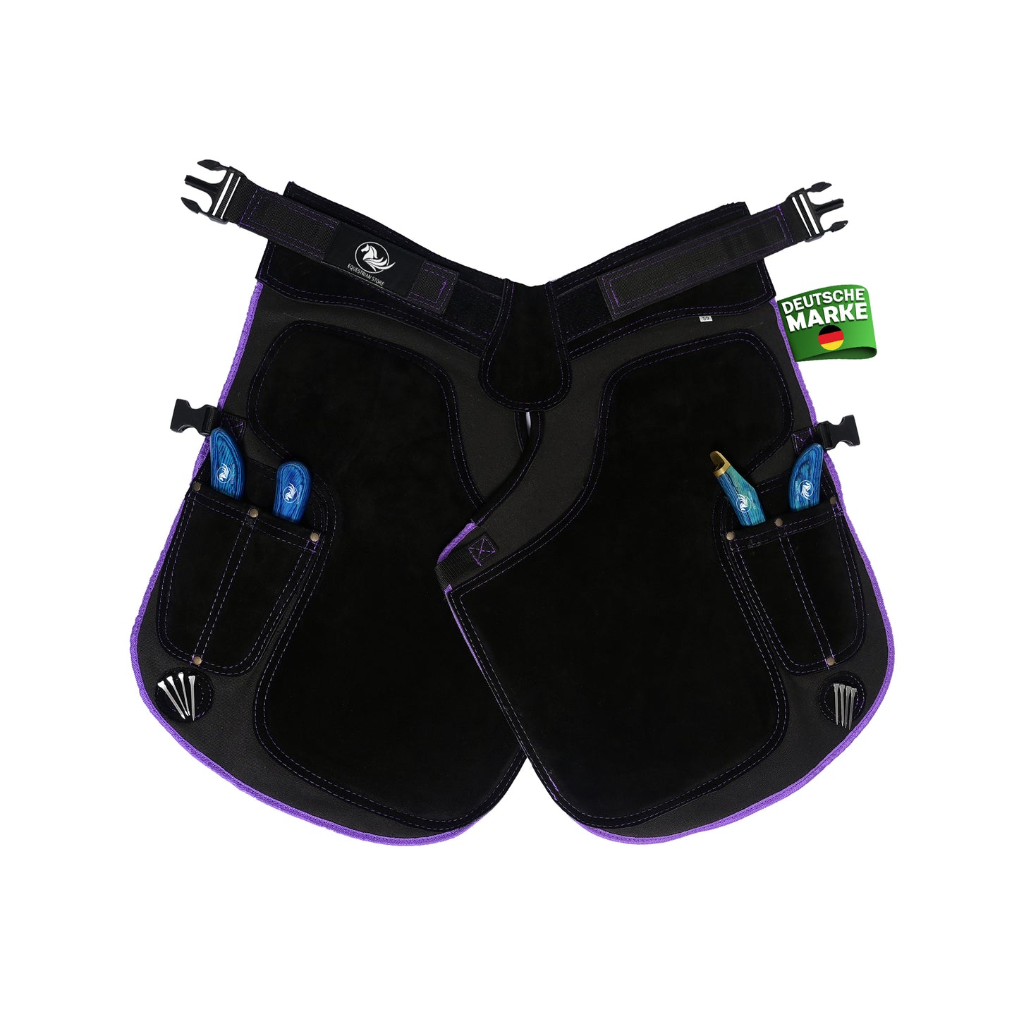 Premium Leather Farrier Apron with Heavy-Duty Canvas, Adjustable Ambidextrous Tool Pockets, EVO Foam Padding, Breathable Air-Mesh – Professional Farrier Chaps for Horseshoeing, Hoof Trimming. 65cm-(25 Inches) Purple Piping