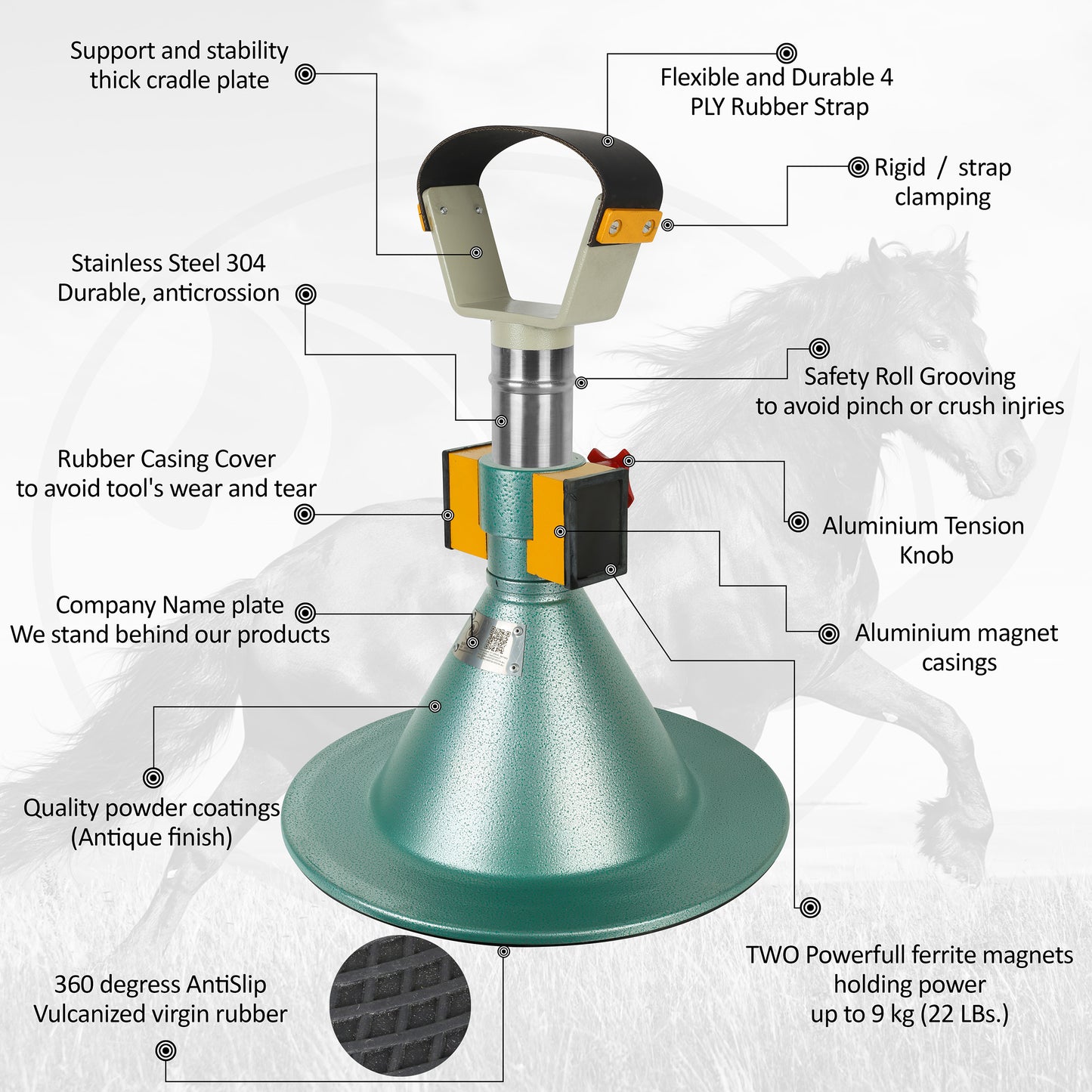Farrier Hoof Stand.German Technology for Farriers Shoeing Stand, Trimming Hoof Stand for All Horse Sizes Strong 90 lb Magnet, Non-Slip Rubber Base (Green)
