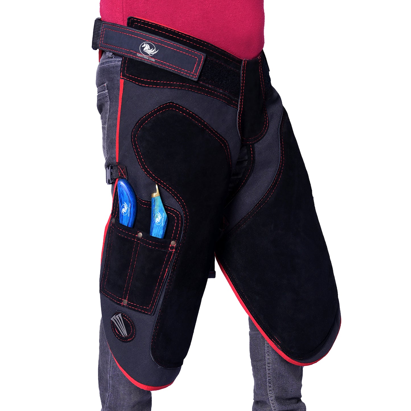 Premium Leather Farrier Apron with Heavy-Duty Canvas, Adjustable Ambidextrous Tool Pockets, EVO Foam Padding, Breathable Air-Mesh – Professional Farrier Chaps for Horseshoeing, Hoof Trimming.  65cm-(25 Inches)  Red Piping