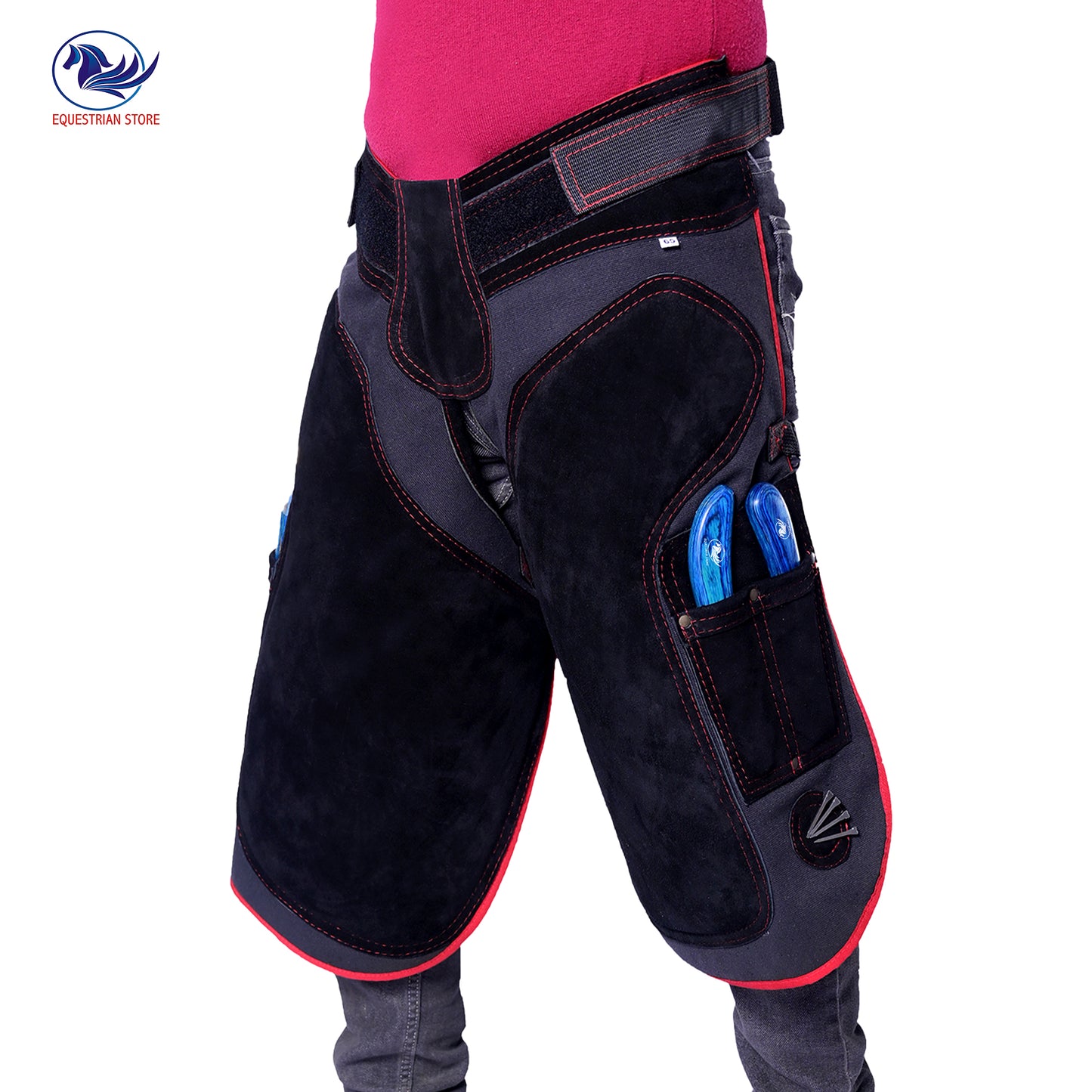 Premium Leather Farrier Apron with Heavy-Duty Canvas, Adjustable Ambidextrous Tool Pockets, EVO Foam Padding, Breathable Air-Mesh – Professional Farrier Chaps for Horseshoeing, Hoof Trimming.  65cm-(25 Inches)  Red Piping