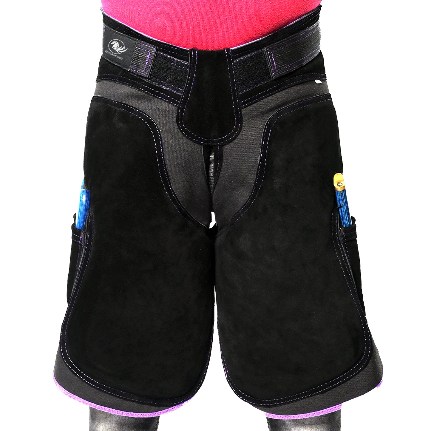 Premium Leather Farrier Apron with Heavy-Duty Canvas, Adjustable Ambidextrous Tool Pockets, EVO Foam Padding, Breathable Air-Mesh – Professional Farrier Chaps for Horseshoeing, Hoof Trimming.  65cm-(25 Inches)  Purple Piping
