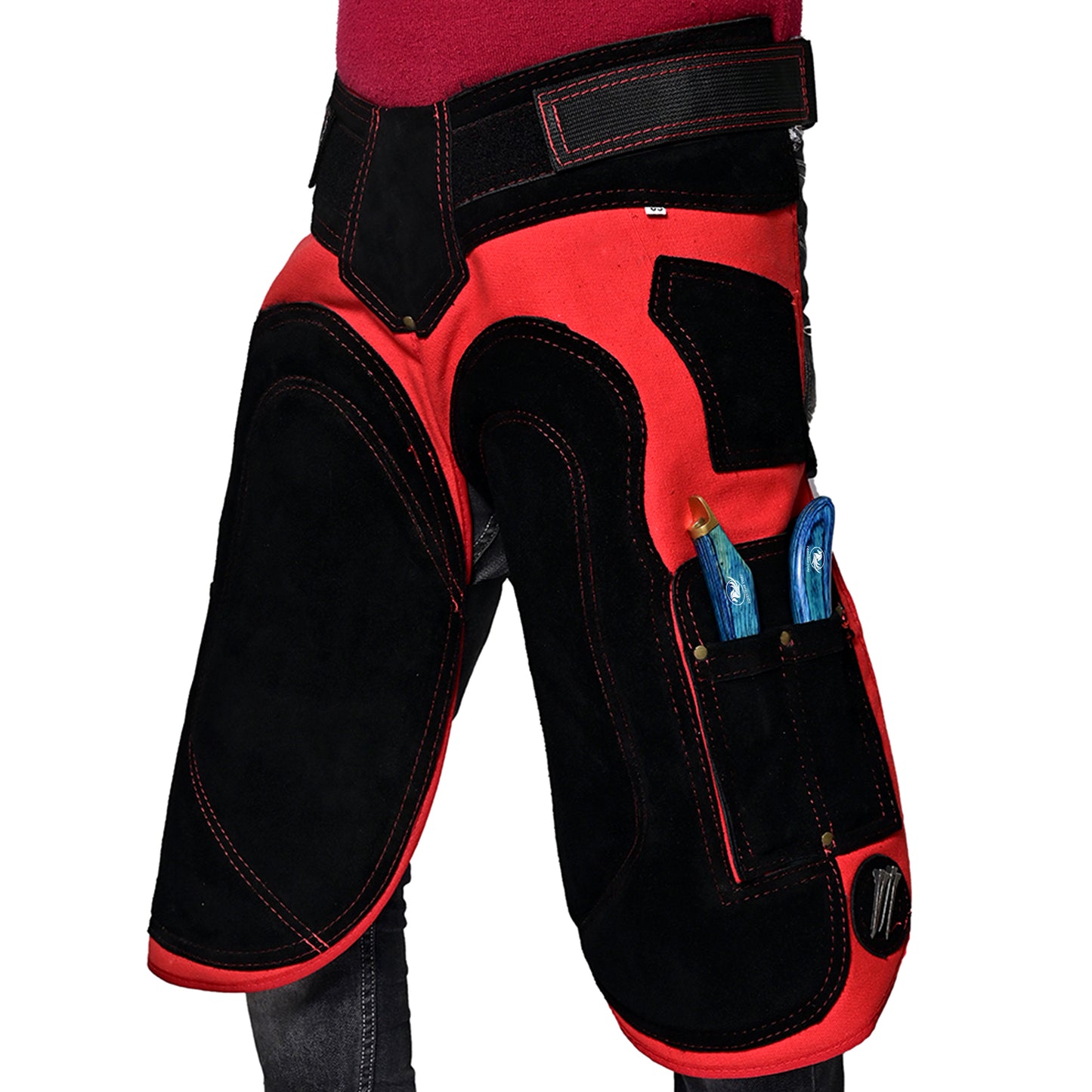 Premium Leather Farrier Apron with Heavy-Duty Canvas, Adjustable Ambidextrous Tool Pockets, EVO Foam Padding, Breathable Air-Mesh – Professional Farrier Chaps for Horseshoeing, Hoof Trimming.  65cm-(25 Inches)  Red Color