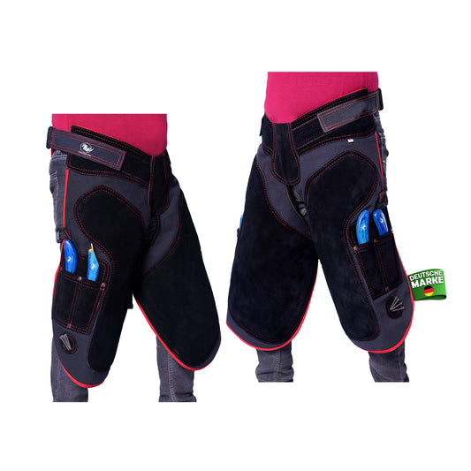 Premium Leather Farrier Apron with Heavy-Duty Canvas, Adjustable Ambidextrous Tool Pockets, EVO Foam Padding, Breathable Air-Mesh – Professional Farrier Chaps for Horseshoeing, Hoof Trimming.  65cm-(25 Inches)  Red Piping