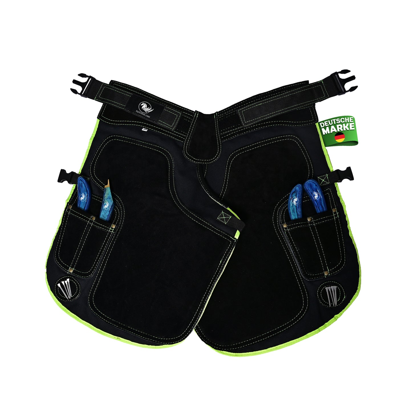 Premium Leather Farrier Apron with Heavy-Duty Canvas, Adjustable Ambidextrous Tool Pockets, EVO Foam Padding, Breathable Air-Mesh – Professional Farrier Chaps for Horseshoeing, Hoof Trimming.  59cm-(23 Inches)  Green Piping