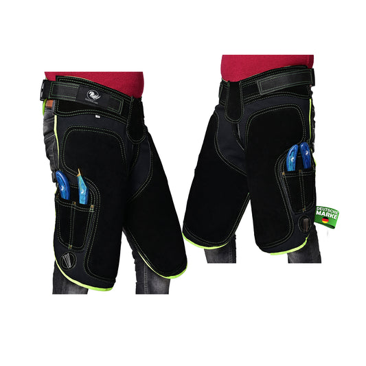 Premium Leather Farrier Apron with Heavy-Duty Canvas, Adjustable Ambidextrous Tool Pockets, EVO Foam Padding, Breathable Air-Mesh – Professional Farrier Chaps for Horseshoeing, Hoof Trimming.  65cm-(25 Inches)  Green Piping