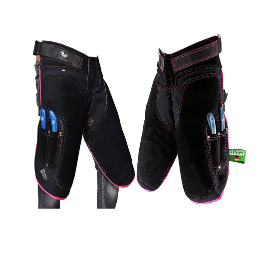 Premium Leather Farrier Apron with Heavy-Duty Canvas, Adjustable Ambidextrous Tool Pockets, EVO Foam Padding, Breathable Air-Mesh – Professional Farrier Chaps for Horseshoeing, Hoof Trimming.  65cm-(25 Inches)  Pink Piping