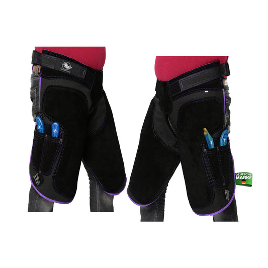 Premium Leather Farrier Apron with Heavy-Duty Canvas, Adjustable Ambidextrous Tool Pockets, EVO Foam Padding, Breathable Air-Mesh – Professional Farrier Chaps for Horseshoeing, Hoof Trimming.  65cm-(25 Inches)  Purple Piping