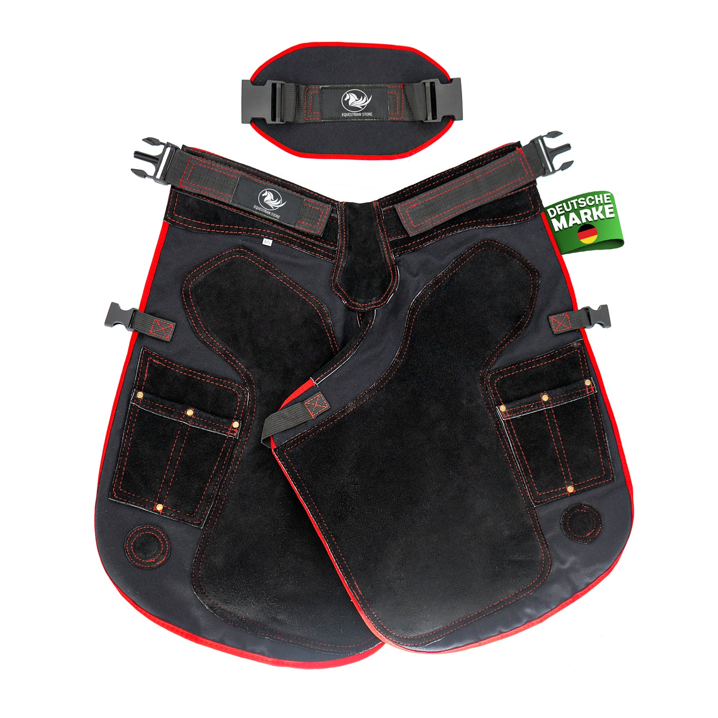 Premium Leather Farrier Apron with Heavy-Duty Canvas, Adjustable Ambidextrous Tool Pockets, EVO Foam Padding, Breathable Air-Mesh – Professional Farrier Chaps for Horseshoeing, Hoof Trimming.  65cm-(25 Inches)  Red Piping